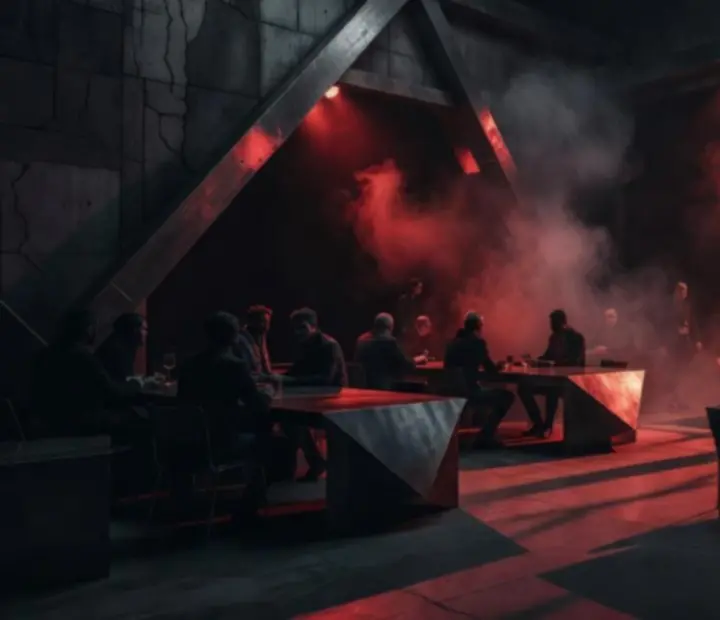 Ciemna eventowa scenografia z metalicznymi stołami, czerwonymi światłami i dymem