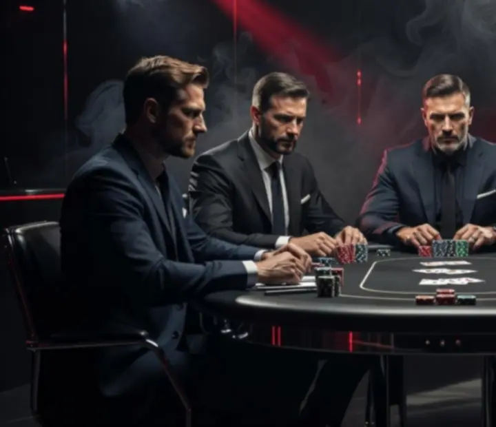 Mroczny stół eventowy z kartami i żetonami na imprezie firmowej