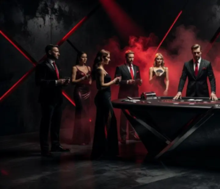 Brutalnie oświetlony tematyczny wieczór eventowy w czerwono-czarnej scenografii